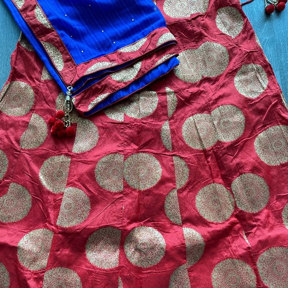 NEW Lehenga Choli - Red, Royal Blue, Gold, Foil Print, M/L - Picture 3 of 5